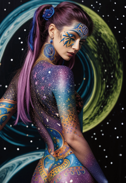 En el body paint para parejas, añadan un toque de magia y misterio a tu experiencia de pintura corporal creando un diseño de inspiración celestial que refleje la inmensidad del universo.