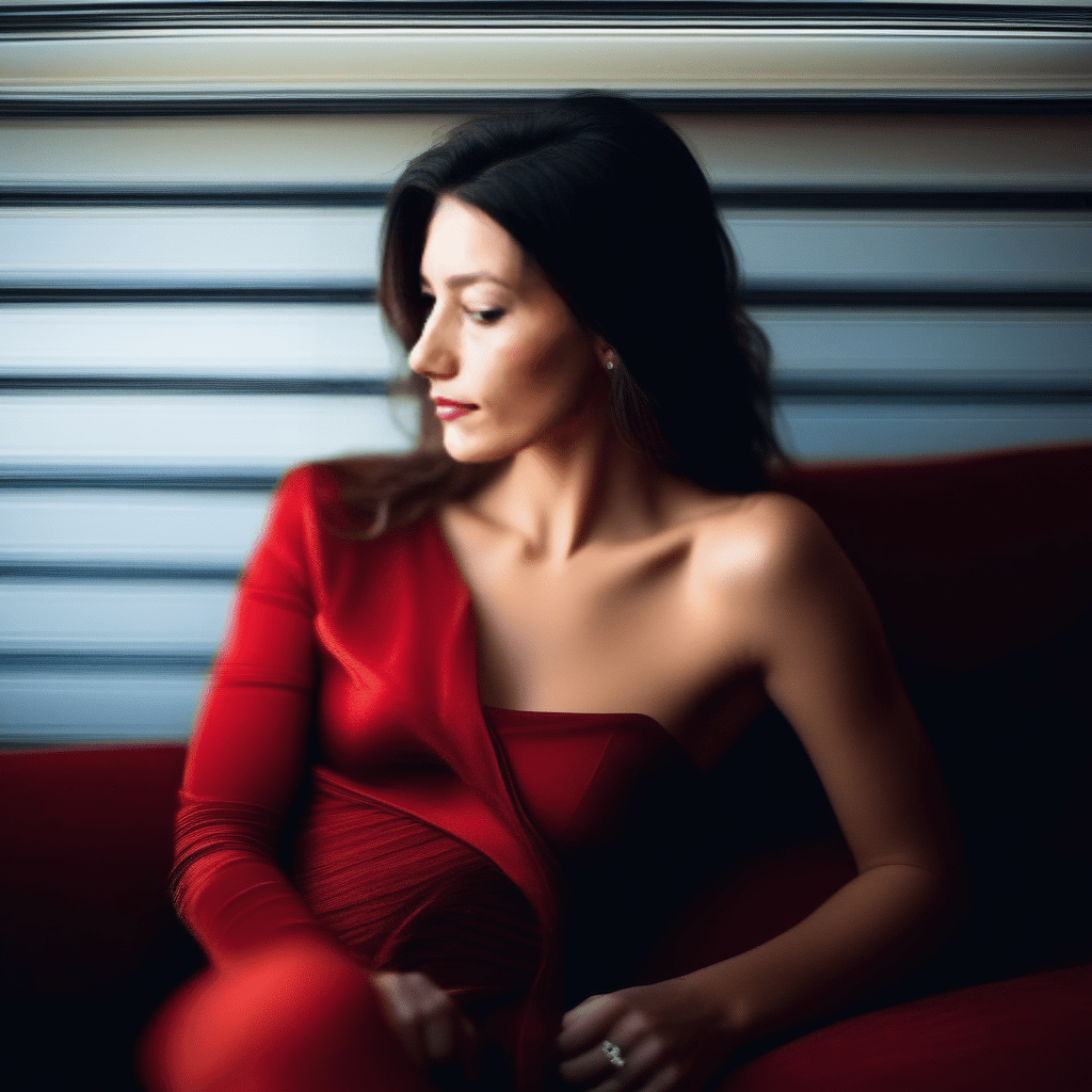 Femme fatale con vestido rojo, contra una persiana americana.