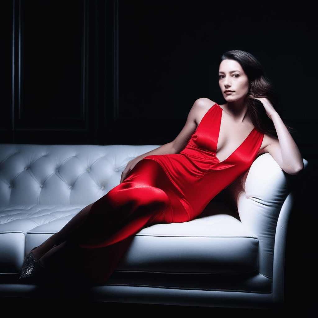 Mujer fatal con vestido rojo, recostada en un sillón.