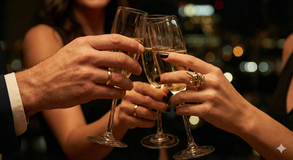 Fotografía elegante de tres manos brindando con champagne. Dos de las manos tienen anillos de matrimonio y la tercera tiene un anillo que sugiere su condición de chica unicornio.