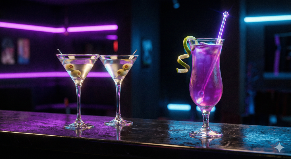 Fotografía elegante de tres copas de cóctel tipo martini sobre una barra oscura con iluminación de neón, simbolizando la formación de un trío o un encuentro de tres personas en el estilo de vida liberal.