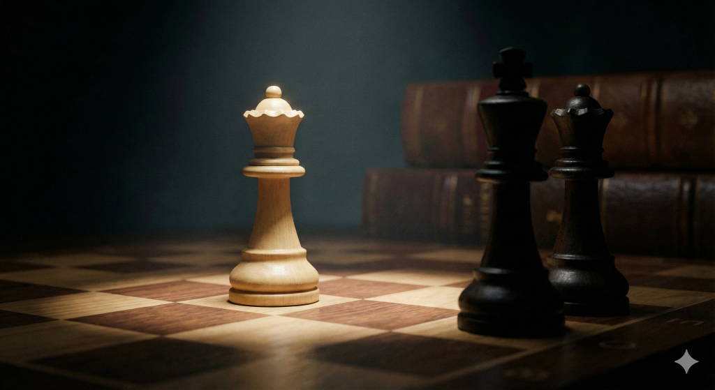 Piezas de ajedrez que ilustran la condición de una chica unicornio: El rey negro y su reina observan con interés a la reina blanca...