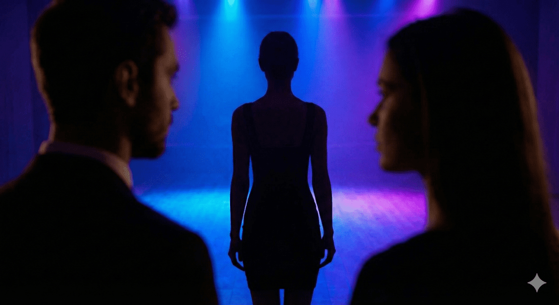 Silueta de una mujer sola, representando a una 'chica unicornio', en un club nocturno con luces de neón azules y moradas. En primer plano, los perfiles de una pareja de 'cazadores' la observan fijamente, ilustrando la tensión y la búsqueda en el ambiente swinger.