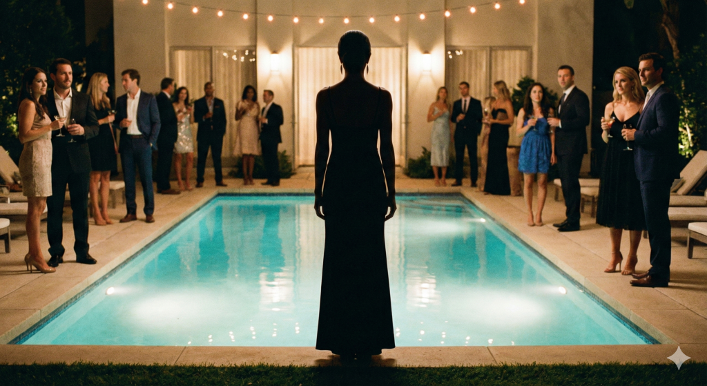 Una fiesta nocturna elegante junto a una piscina. Una "chica unicornio" capta las miradas de las parejas invitadas a la fiesta.