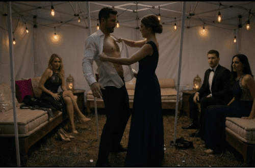 Dos parejas SW y una chica unicornio están en una carpa en una fiesta swinger. Una de las mujeres está arrancándole la camisa a su pareja.