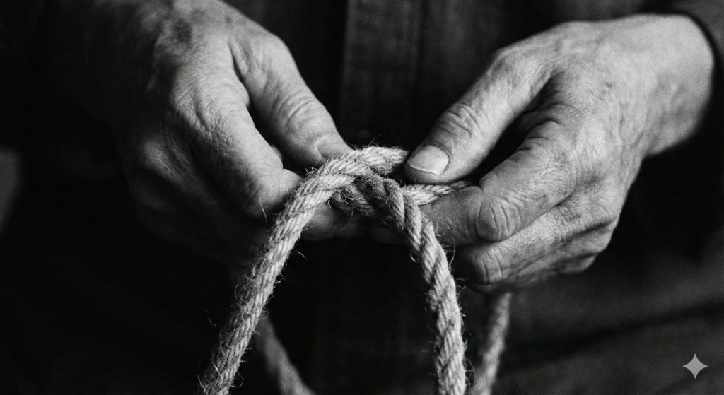 Foto blanco y negro, manos de hombre mayor haciendo nudo con una soga