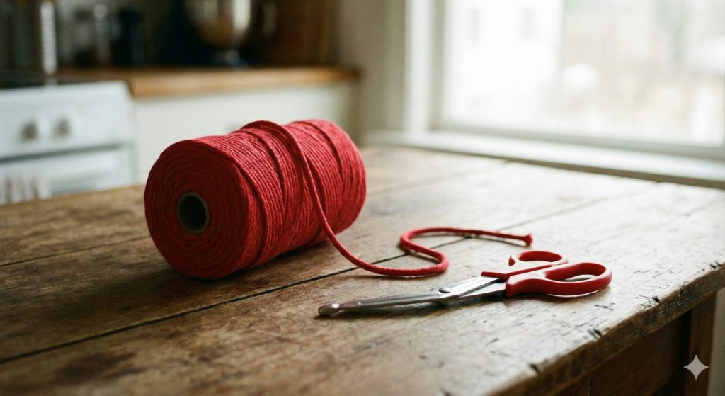 Cuerda para bondaje - carretel de soga roja sobre una mesa junto a una tijera
