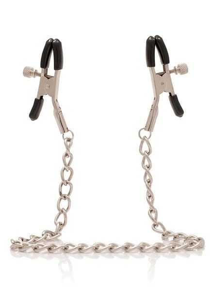 Pinzas de pezón ajustables de tipo "cocodrilo" con una pequeña cadena.