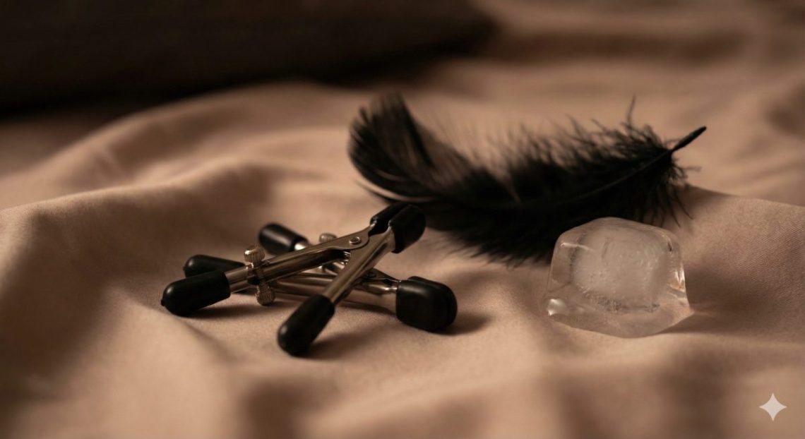 Pinzas para pezón sobre una cama, junto con unas plumas y un cubo de hielo.