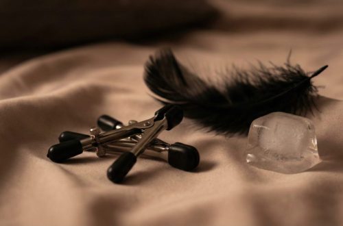 Pinzas para pezón sobre una cama, junto con unas plumas y un cubo de hielo.