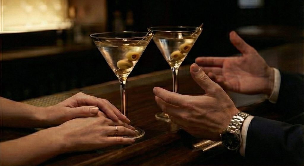 juego de roles. Copas de Martini en un bar, Manos de dos personas, hombre y mujer, gesticulando durante una conversación.