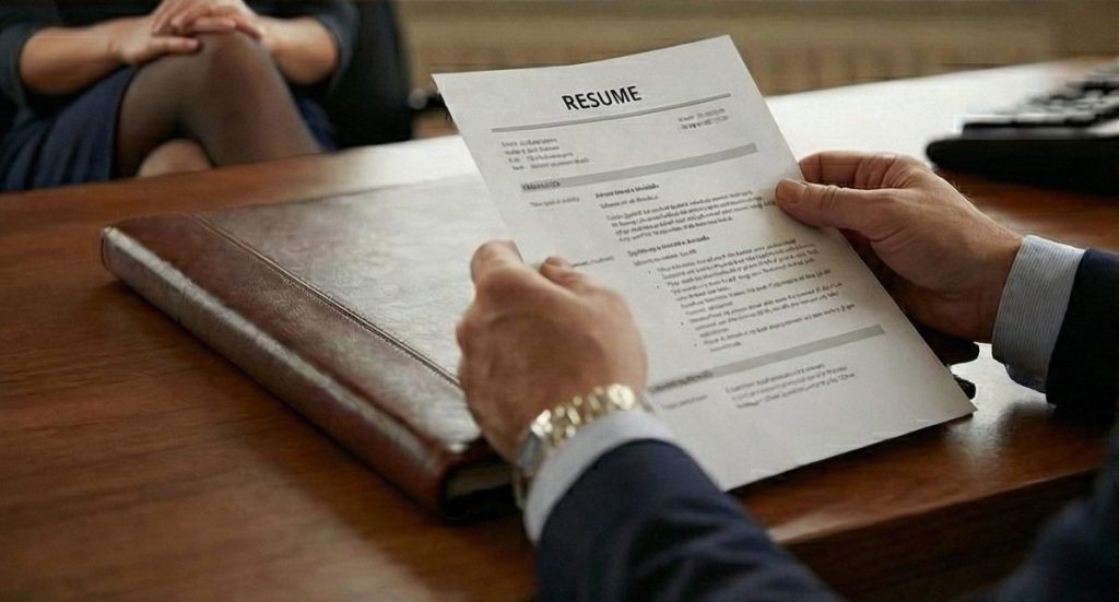 Roleplay: Un reclutador está examinando el currículum de una postulante, mientras ésta espera impaciente a que el hombre le haga alguna pregunta o comentario.