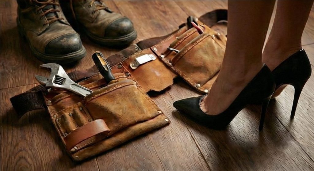 Roleplay. Un cinturón con herramientas caído en el suelo. Pies de mujer con zapatos de taco alto y botas gastadas y rústicas de un trabajador.