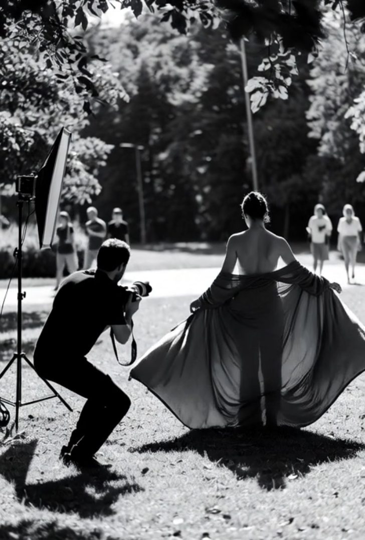 Foto desnudo artistico luz natural preparando set exteriores parque público