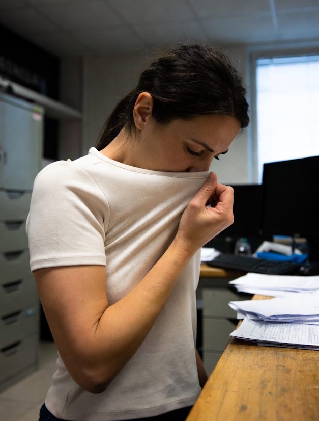 Foto de una mujer en un ambiente de oficina, estirando su camiseta hacia delante para introducir la nariz dentro y sentir el olor de su cuerpo.