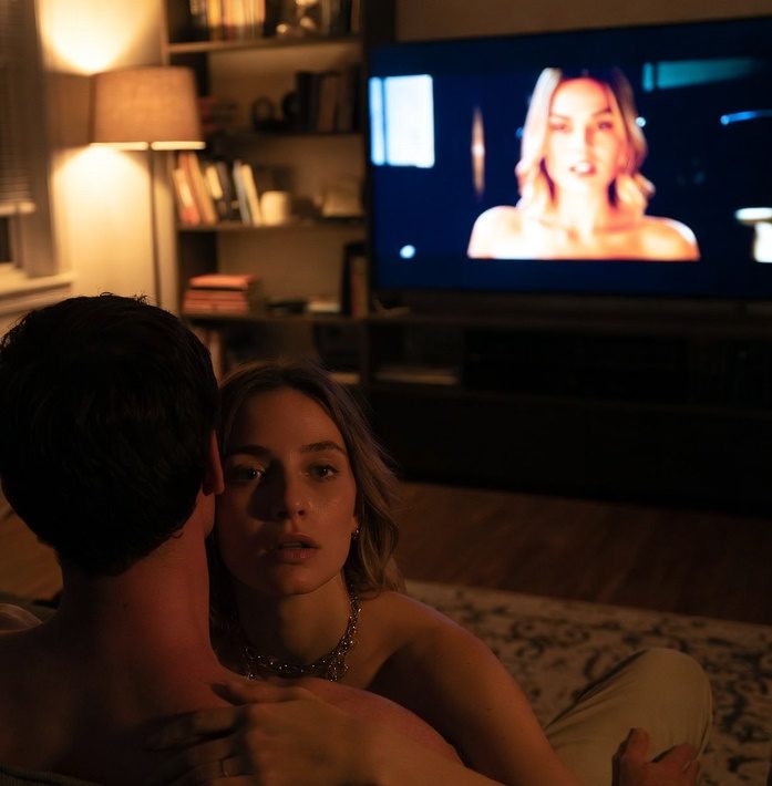 Alorgasmia: una escena romántica, una pareja abrazados en la sala, frente a un televisor de gran tamaño. Pero el hombre está mirando a una mujer en la pantalla.
