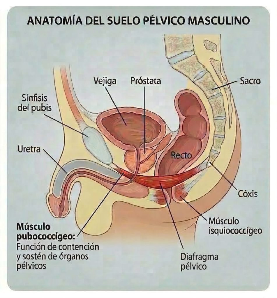 Diagrama de anatomía del suelo pélvico masculino, destacando el músculo PC que se entrena con los ejercicios de Kegel.