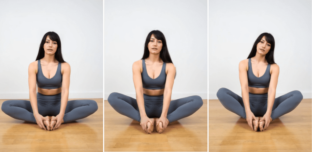 postura yoga de la mariposa o baddha konasana: abre la cadera y renueva la sangre en toda el área genital. Se puede practicar junto con los ejercicios de Kegel.