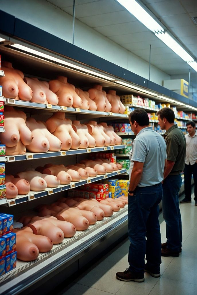 Dos hombres recorriendo las góndolas de un supermercado en cuyas estanterías se exhiben tetas de todos los tamaños y aspectos.