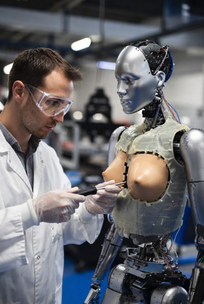 Un ingeniero instalando una teta perfecta en el pecho de una robot humanoide femenina.