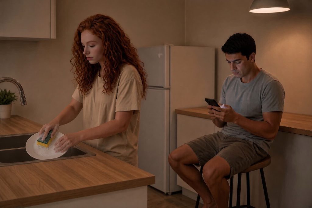 Convivencia versus pasión: una pareja hombre-mujer comparte desapasionadamente una cocina. Ella está lavando los platos y él está sentado mirando su celular.