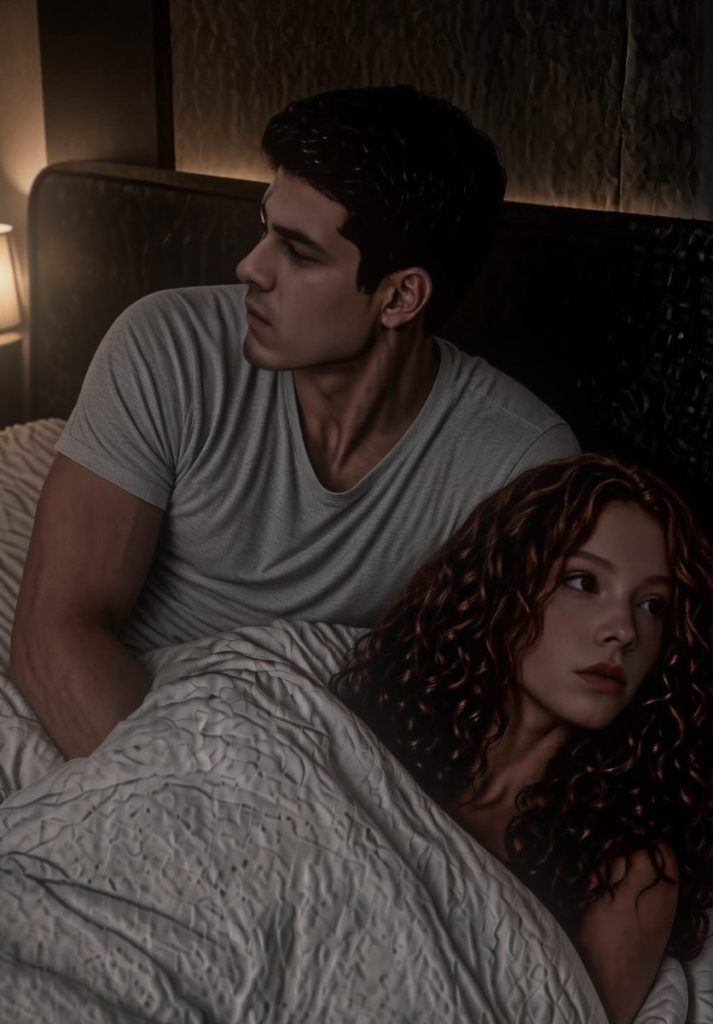 Una pareja (hombre - mujer) en la cama sin prestarse atención mutuamente.